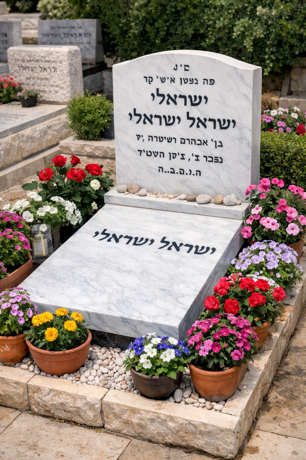 קבר יהודי מטופח ומוקף בפרחים צבעוניים - דוגמה לעבודת גני הזכרון